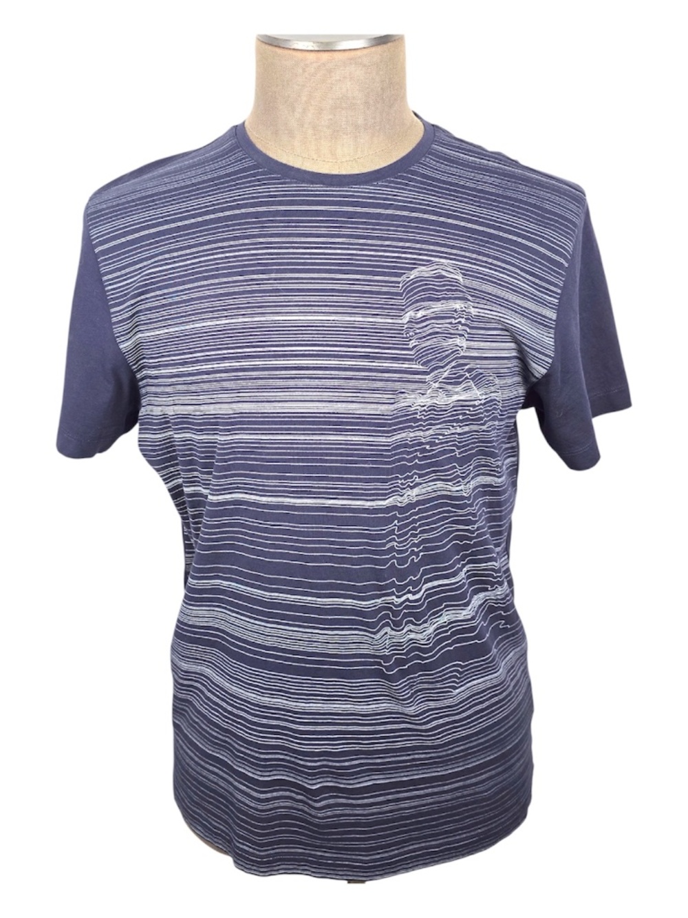 Z Zegna Glitch Graphic Face Striped T-Shirt Navy Blue Men's XL (Fits Like L)